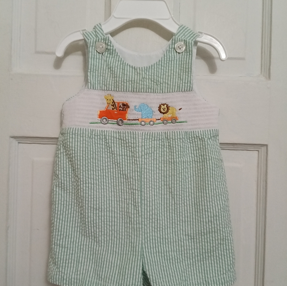 Smoked Seersucker 6 Months Overalls Green Striped Kids One Piece Shortall